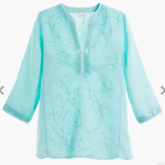 Chico's Tops - Chico’s Linen Embellished Tunic Top Turquoise Embroidered Blouse Size 2